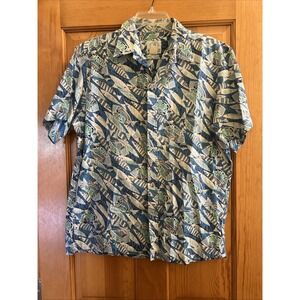 Panama Jacks Large Mens Blue Tribal Fish Short Sleeve Hawaiian Shirt